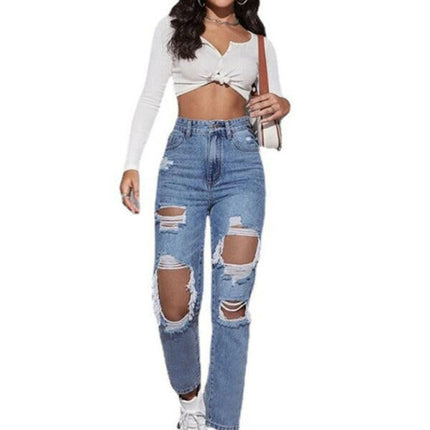 Women's washed ripped high waist straight trousers at €62.99