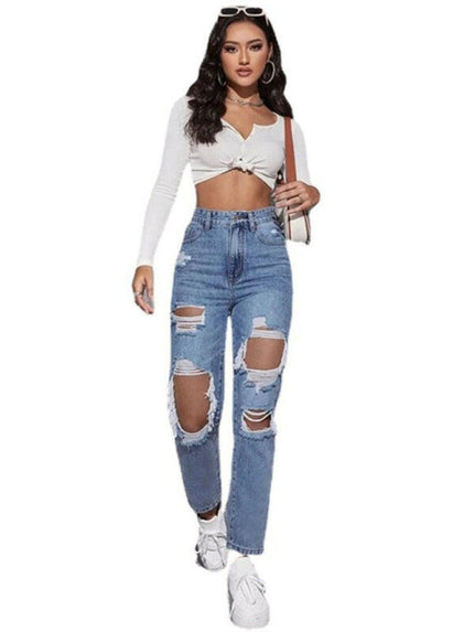 Women's washed ripped high waist straight trousers at €62.99