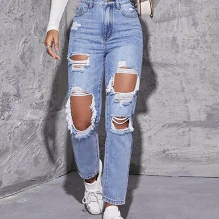 Women's washed ripped high waist straight trousers at €62.99