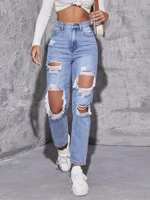 Women's washed ripped high waist straight trousers at €62.99