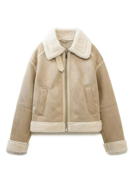 Reversible color block zippered jacket warm loose lapel coat top