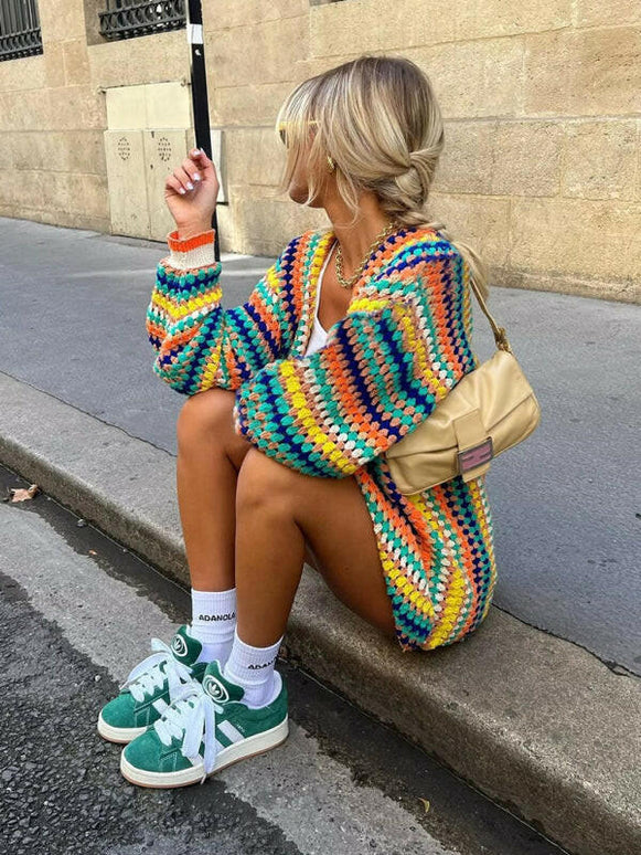 Women's Street Fashion Cardigan Multicolor Hand Crochet Sweater