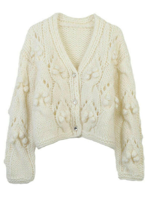 New women's short V-neck long-sleeved fur ball hollow loose knitted cardigan jacket at €100.99