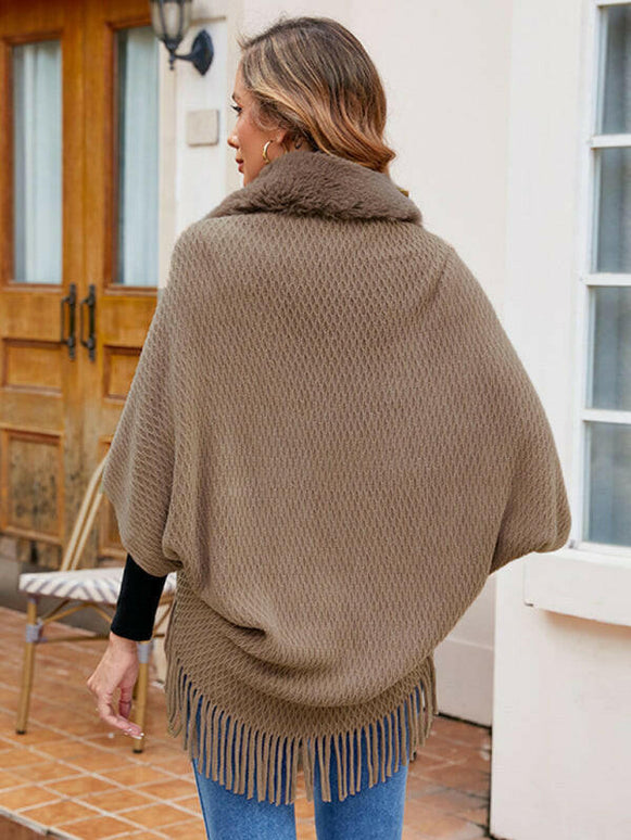 Women's fur collar knitted tassel cape cardigan