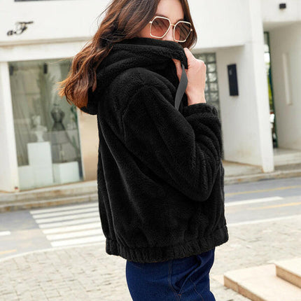 Plush hooded long sleeve warm short jacket at €73.99