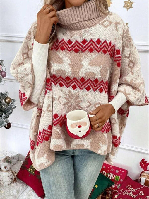 Turtleneck Christmas Elk Contrast Pattern Bat Sleeve Sweater at €53.99