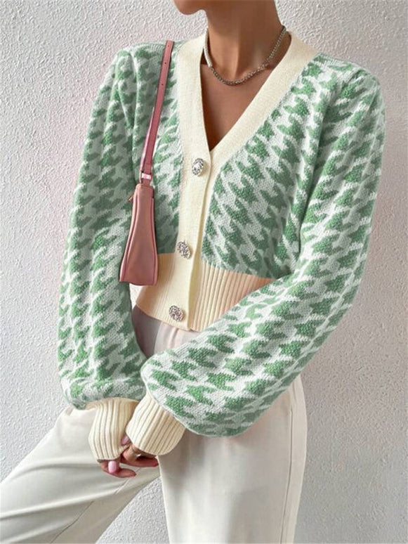 Houndstooth pattern lantern sleeve knitted cardigan sweater short coat
