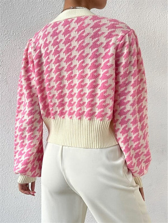 Houndstooth pattern lantern sleeve knitted cardigan sweater short coat