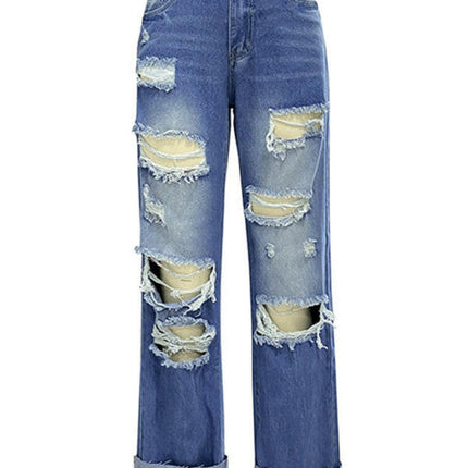 Women's high waist ripped straight leg street style long jeans at €49.99