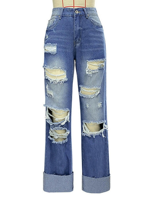 Women's high waist ripped straight leg street style long jeans at €49.99