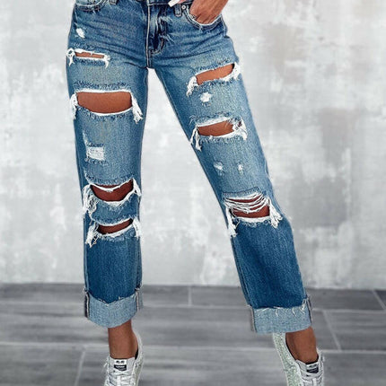 Women's high waist ripped straight leg street style long jeans at €49.99