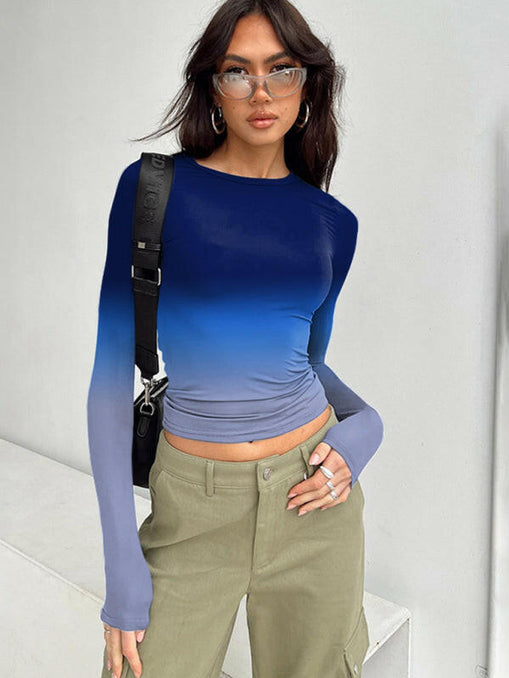 Women's New Gradient Color Round Neck Long Sleeve Basic T-Shirt Top at €17.99