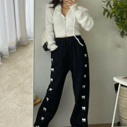 Women's New High Waist Elastic Bow Printed Velvet Casual Pants at €48.99