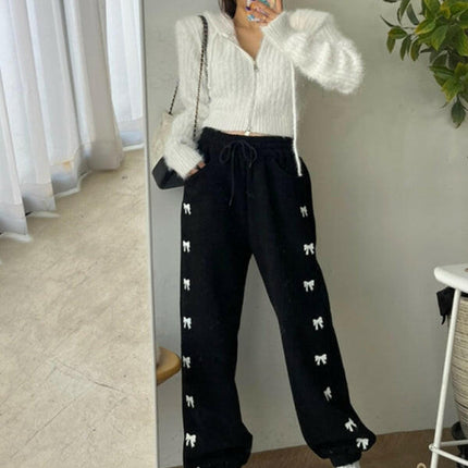 Women's New High Waist Elastic Bow Printed Velvet Casual Pants at €48.99