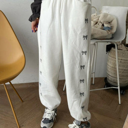 Women's New High Waist Elastic Bow Printed Velvet Casual Pants at €48.99