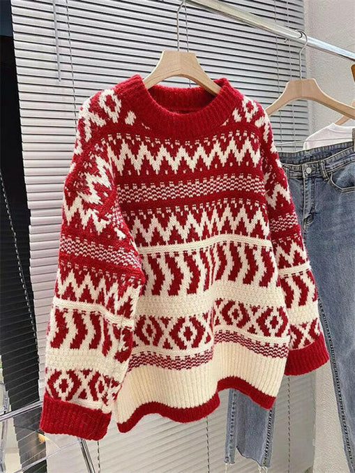 Women's new Christmas and New Year geometric pattern round neck pullover sweater at €51.99