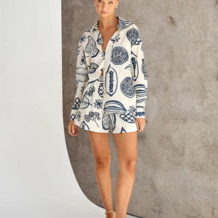 Women's New Casual Premium Fruit Print Shorts Cardigan Set at €31.99