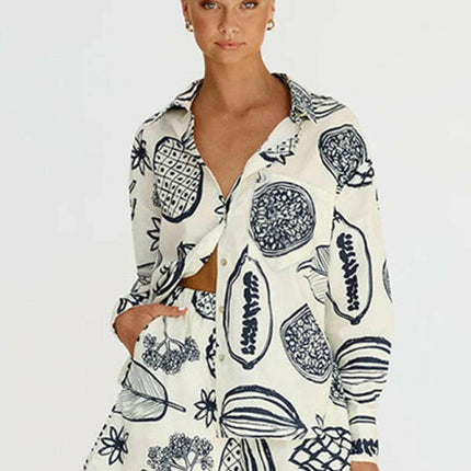 Women's New Casual Premium Fruit Print Shorts Cardigan Set at €31.99