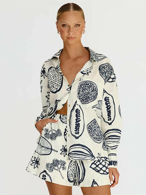 Women's New Casual Premium Fruit Print Shorts Cardigan Set at €31.99