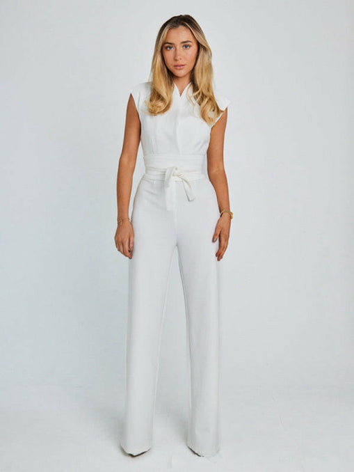 New style temperament strapped waist solid color V-neck sleeveless wide-leg jumpsuit at €41.99