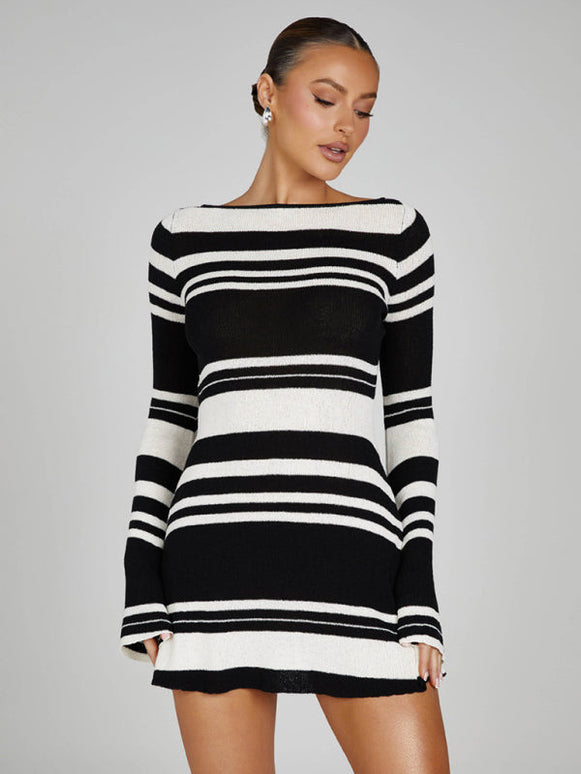 Women's bell sleeves backless striped slim knitted dress