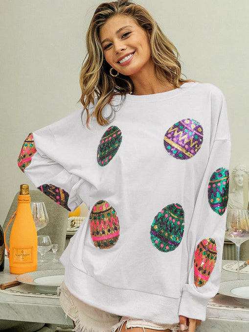 Women's Easter Egg Sequin Round Neck Pullover Sweatshirt at €39.99