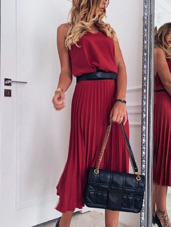 Women's loose and sexy V-neck pleated midi dress (belt not included)