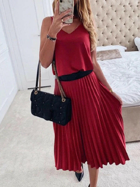 Women's loose and sexy V-neck pleated midi dress (belt not included)