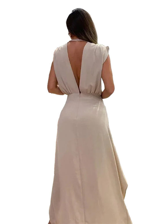 Women's simple new deep V-neck sleeveless double layer dress