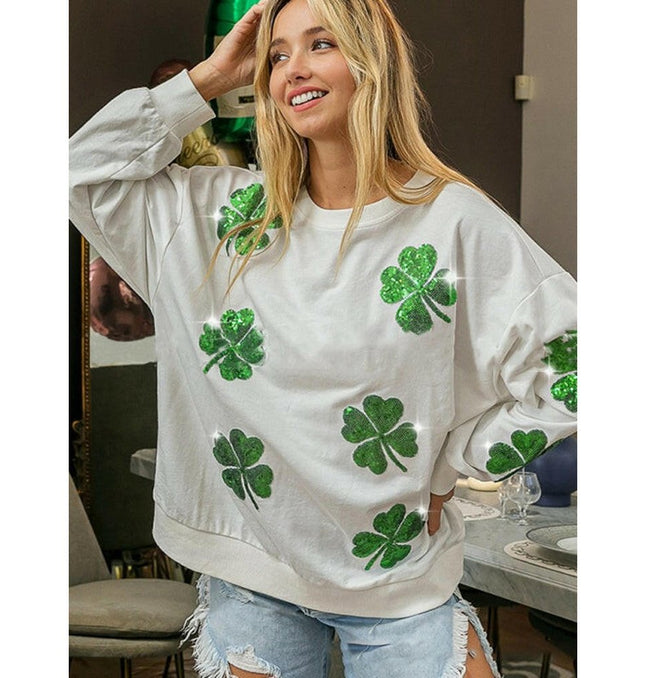 Women's orchid St. Patrick's four-leaf clover sequined casual sweatshirt at €46.99