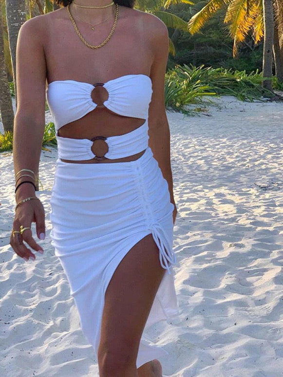 New women's one-shoulder sexy hollow high-slit tube top dress