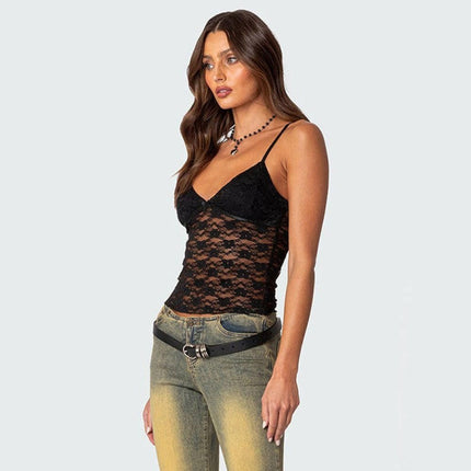 V-neck halter chest bow vest slim see-through sexy backless top at €29.00