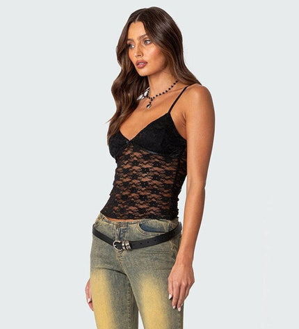 V-neck halter chest bow vest slim see-through sexy backless top