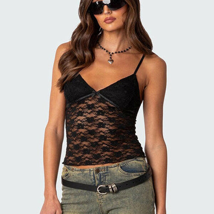 V-neck halter chest bow vest slim see-through sexy backless top at €29.00