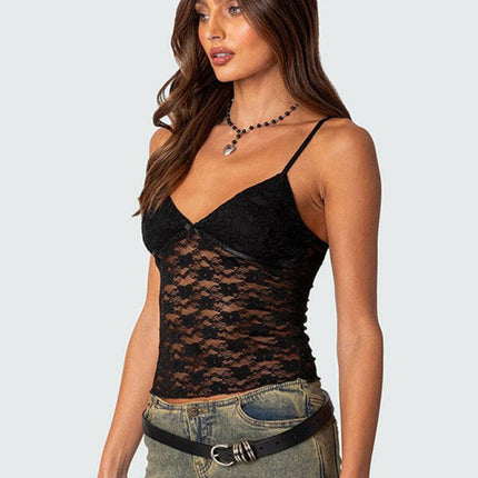 V-neck halter chest bow vest slim see-through sexy backless top at €29.00