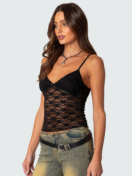 V-neck halter chest bow vest slim see-through sexy backless top at €29.00