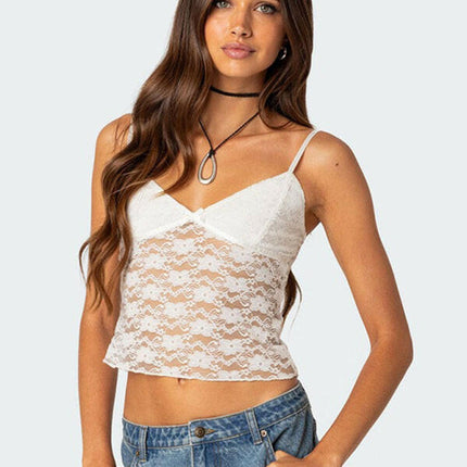 V-neck halter chest bow vest slim see-through sexy backless top at €29.00