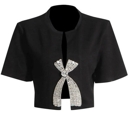 New style diamond sequined bow short-sleeved solid color slit top at €64.99