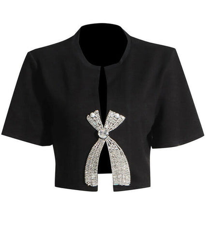 New style diamond sequined bow short-sleeved solid color slit top
