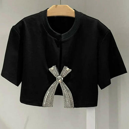 New style diamond sequined bow short-sleeved solid color slit top at €64.99