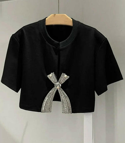 New style diamond sequined bow short-sleeved solid color slit top