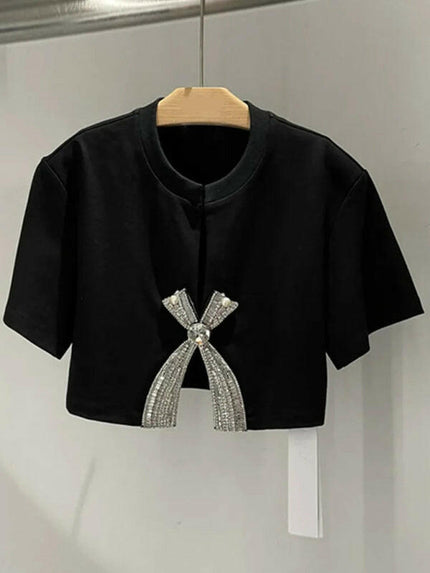 New style diamond sequined bow short-sleeved solid color slit top at €64.99