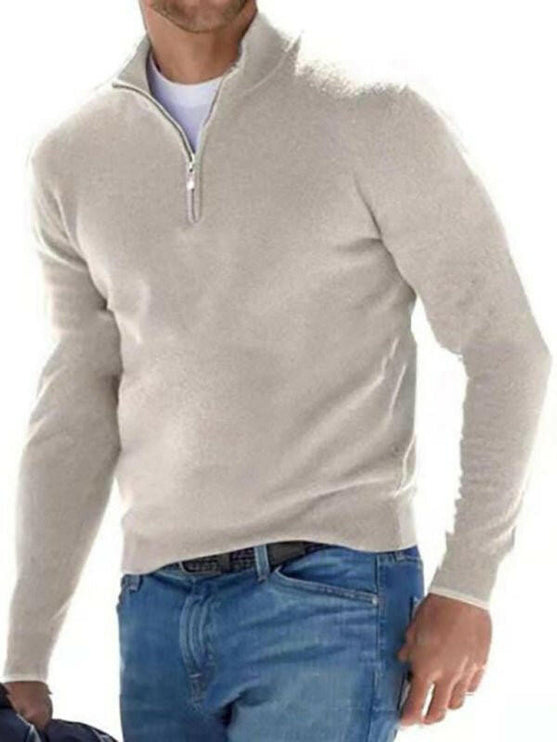 Long Sleeve V Neck Wool Fleece Zipper Men's Casual Top Polo Shirt - GrozavuShop