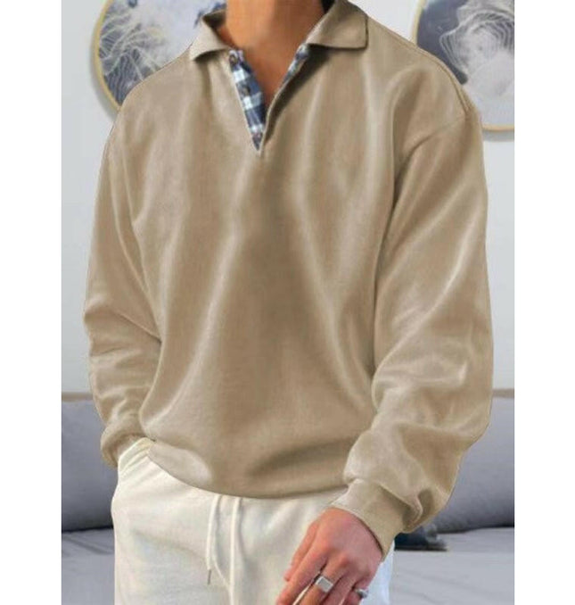 Men's solid color lapel loose long-sleeved POLO shirt at €41.99