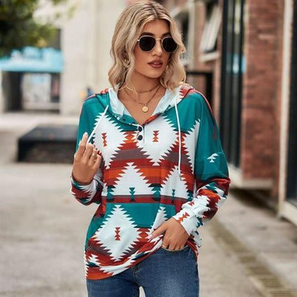 New geometric pattern long-sleeved loose hooded button pocket sweater at €48.99