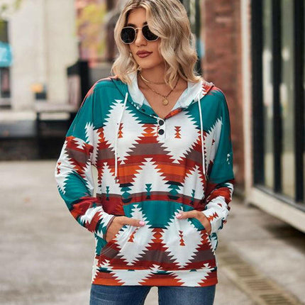 New geometric pattern long-sleeved loose hooded button pocket sweater at €48.99