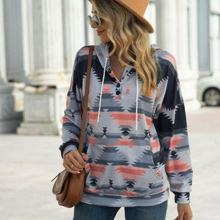 New geometric pattern long-sleeved loose hooded button pocket sweater at €48.99