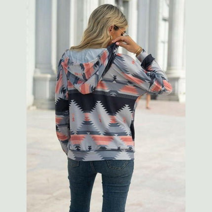 New geometric pattern long-sleeved loose hooded button pocket sweater at €48.99