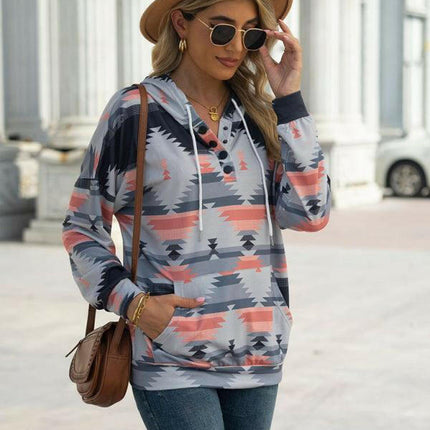 New geometric pattern long-sleeved loose hooded button pocket sweater at €48.99