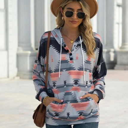 New geometric pattern long-sleeved loose hooded button pocket sweater at €48.99